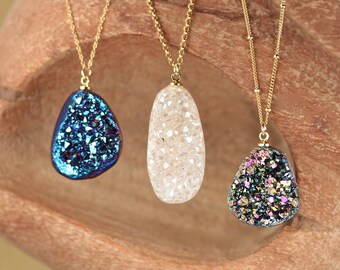 Druzy necklace - geode druzy necklace - crystal necklace - raw crystal necklace - titanium quartz - aura quartz