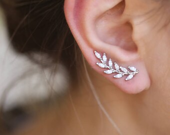 Silver Olive Vine ear climber, Leaf ear crawler, Leaf ear climbers, Sterling Silver ear cuff Ear Climbers Wedding earrings,crawler earrings