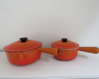 Le Creuset Flame Orange Saucepan Pot French Enamel Cast Iron Cookware Sizes #16 & #20 Available Made in France