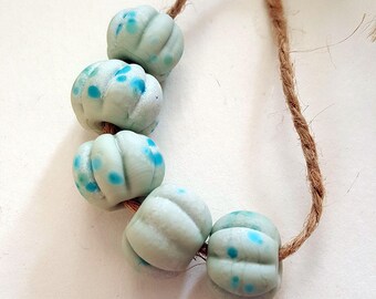 Speckled Eggs - Handmade Artisan Lampwork Glass Bead Set in Pale Spring Blue