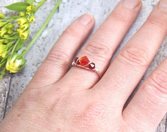 Orange and Red Crystal Ring, Simple Wire Wrapped Ring, Crystal Wire Wrap Jewelry, Crystal Promise Ring, Wire Stacking Ring, Any Size for Her