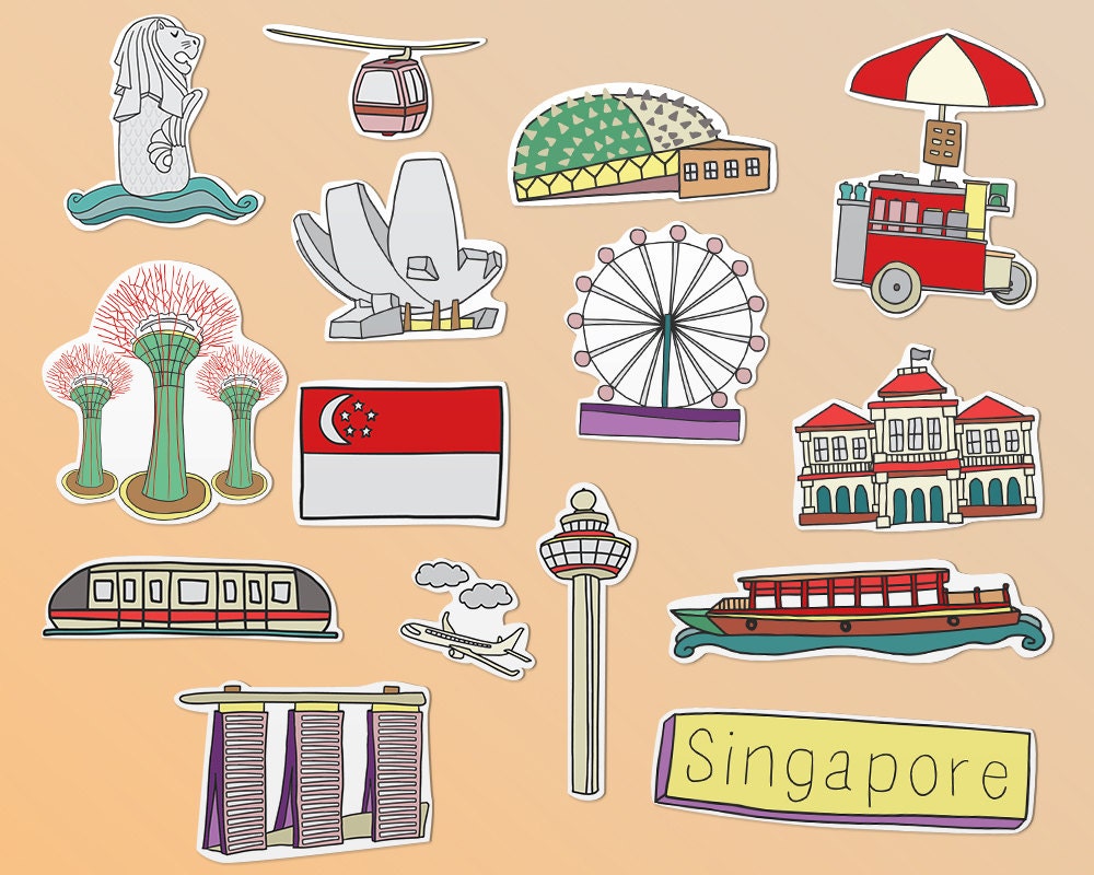 Singapore Landmarks Sticker Set 15 Waterproof Vinyl Stickers