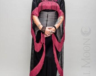 NEW Specialty: The Flapper Fringe Cape in Black with Red or Green Long Fringe Trim by Opal Moon Designs (One Size)