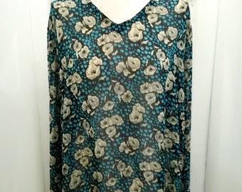 Blue black pretty floral print long sleeve top