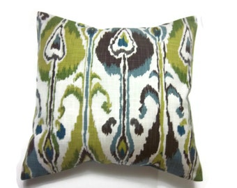 Decorative Pillow Cover Green Blue Brown Chartreuse Natural Ikat Design Same Fabric Front/Back Toss Throw Accent 18x18 inch x