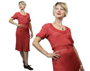 1950s Raspberry Ribbon Crochet Knit Dress XS