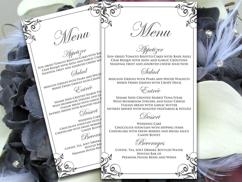 Gray Menu Entree Card Wedding Menu Template Instant