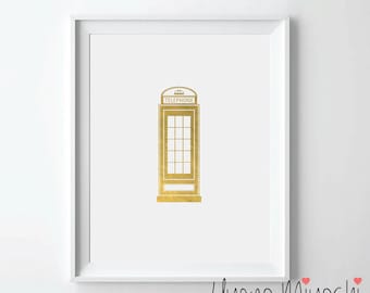 London Phone Booth Gold Foil Print, Gold Print, Great Britain Custom Print in Gold, Illustration Art Print, Gold Foil Art Print