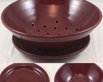 Berry Bowl - 8" - Firebrick Red - Pottery - Drainage Plate - Handmade - Wheel Thrown - Stoneware - Ceramic - Colander - Berry Washing Bowl
