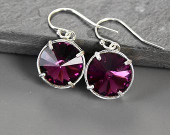 February Birthstone Earrings Silver Purple Crystal Earrings Amethyst February Birthstone Jewelry for Mom Birthday Gift Personalized Jewelry