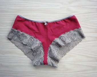 Organic panties, lacy underwear, red boyshorts, for her, holiday fashion, wedding lingerie