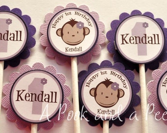 Purple Monkey Cupcake Toppers Custom Personalized for Birthday and Baby Showers Cupcake Picks Set of 12 Lavender