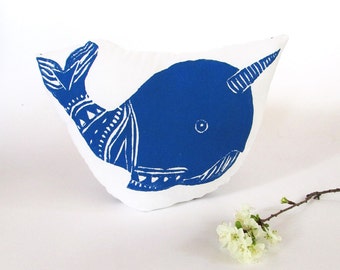 Narwhal Shaped Animal Pillow. Hand Woodblock Printed. Choose ANY Color. Made to order.
