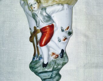 1950's Rustic Boy with Basket Wall Pocket Planter