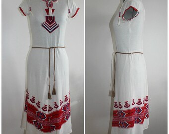 Vintage 1970s Dress Women, 70s Dress, Hippie Dress, Boho, Aztec print Dress, Betty Barclay, Small, Cotton, 1970s Dress,