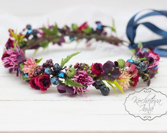 Purple blue floral crown Flower halo Bridal headband Wedding flower crown Flower crown Floral head wreath Girl crown Floral accessories