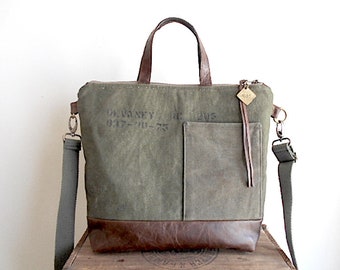 Military canvas & leather tote, crossbody tote bag - eco vintage fabrics