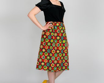 Vintage 70s Skirt • Psychedelic Print Red Floral Skirt • High Waist A Line Skirt • Novelty Print Cotton Skirt • Hippie Skirt • 1970s Skirt
