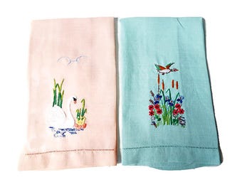 Antique Linen Fingertip Towels / Pair Hand Embroidered Swans and Ducks/ 1920s Trousseau/ Vintage Powder Room Decor