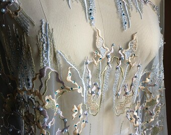 Blue & Gold Fabric Beaded and Embroidered for GRAD, Lyrical Dance, Ballet, Couture Gowns, Costume Design