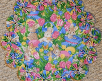 Colorful Easter Flowers, Bunnies and Eggs 12" Yo Yo Doily