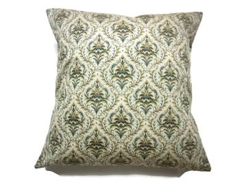 Decorative Pillow Cover Damask Design Green Brown Ivory Same Fabric Front/Back Toss Throw Accent 18x18 inch x