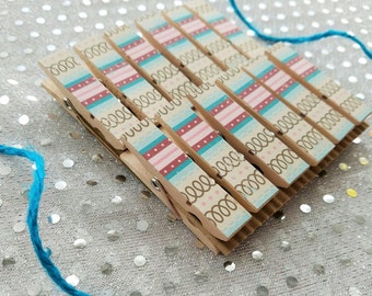 Spiral Notebook and Turquoise Pink Stripes - Chunky Mini Clothespin Clips w Twine for Display - Set of 12 - Country Chic - Ready to Ship