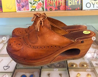 Vintage 60s / 70s Wooden Leather Dead Stock Clogs by Connie US Size 7 (may also fit like 6 1/2) Made in Brazil