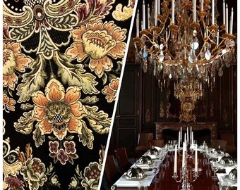 Novelty Brocade Burnout Velvet Chenille Fabric - Black Floral Motif - Upholstery- Sold By The Yard