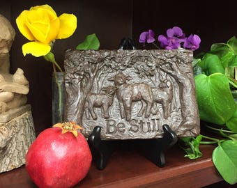 Be Still Sheep Black or Bronze Resin Bas Relief Sculpture Plaque