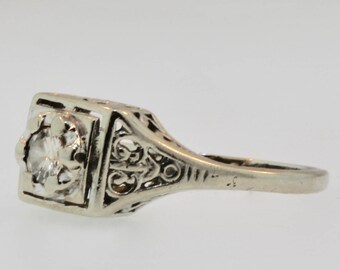 Vintage Solitaire Diamond Engagement Ring 14k White Gold, Estate Jewelry