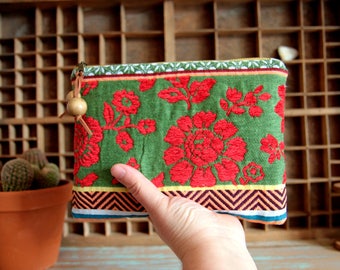 Ethnic boho style zipper pouch in floral fabric, Large makeup bag, Hippie chic cosmetic bag, Boho travel pouch, Mothers day gift, Zipper bag