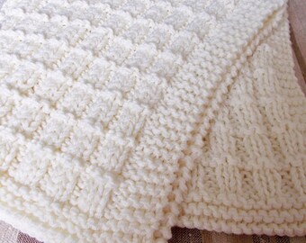 Ivory Hand Knit Baby Blanket Gender Neutral Shower Gift Reversible Texture Afghan Toddler Throw Grandma Lap Robe Adult Lapghan Warm Cover