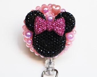 Minnie Mouse Shimmery Black Silhouette With Pink Bow ID Badge Reel - Retractable ID Badge Holder - Zipperedheart