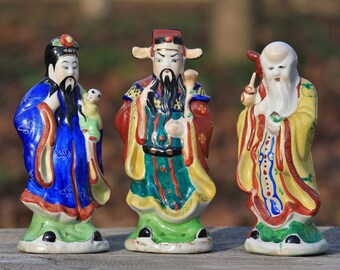 Vintage porcelain figurine Home decor Chinese porcelain statuette Hand painted porcelain Asian figurines Asian decor Three Star Gods