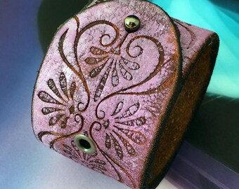 Rustic Heart Tooled Leather Cuff Bracelet Wristband with Adjustable Closure, Eco-Friendly Recycled Belt Jewelry, Seattle Handmade, OOAK