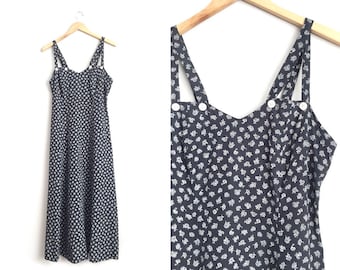 Size M // ROSE PRINT MAXI Dress // Black & White - Cut-Out Straps - Sweetheart Bust - Romantic - Grunge - Vintage '80s.