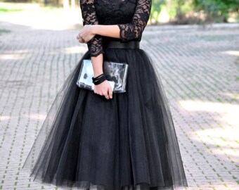 Tea Length Black Tulle Skirt/ Party Skirt/ Wedding Skirt/ Quality Tulle Skirt