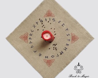Embroidered rune cloth. Divination rune cloth. Rune casting cloth. Elder Futhark. Celtic style. Triquester. Witchcraft. Asatru. Odinism.
