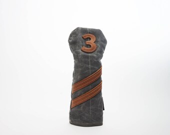 Personalized Handmade Golf Headcover in Charcoal, Golf club Head Cover, Waxed Canvas golf gifts for men