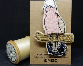 Textile bird brooch, embroidered brooch pin, fabric bird jewellery, Australian bird, gift for bird lovers, Galah parrot, parrot lover
