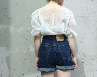 Vintage 1950s Blouse // 50s Sheer White V- Neck Blouse // Puffy Sleeve Peasant Top with Soutache Collar
