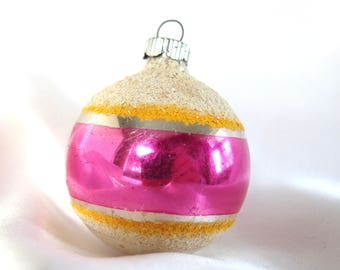 Vintage Shiny Brite Christmas Ornament - Hot Pink, White Mica Striped Ornament