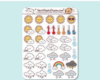 36 Stickers (Mini) - Weather Planner Stickers, Sunny Cloudy Rainy Planner Sticker, Kawaii Weather Sticker - NextWeeksDream DMS09