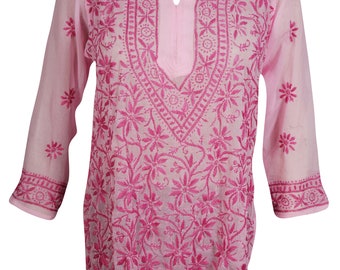 Pink Beautiful Tunic Floral Hand Embroidered Long Sleeves Georgette Ethnic Wear Cover Up Summer Blouse Top M