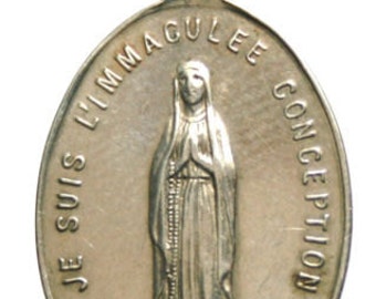 Immaculate Mary of Lourdes Antique French Religious Medal signed LUDIVIC PENIN (1830-1868) on 18" sterling silver rolo chain