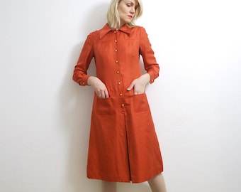 60s 70s brick red raw silk dress. silk midi dress. long sleeve mod dress - small to medium