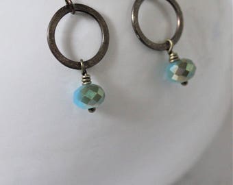 Boho Jewelry, Circle Earrings, Bohemian Jewelry, Crystal Earrings, Vintaj Earrings, Hammered Earrings, Made in Ohio, Gift, Blue Earrings