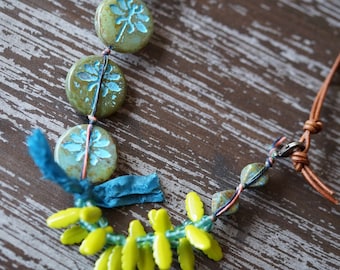 Unlisted - Bracelet - Boho Jewelry - Dragonfly Jewelry - Chunky Jewelry - Leather - Eclectic - Turquoise and Olive - Bead Soup Jewelry