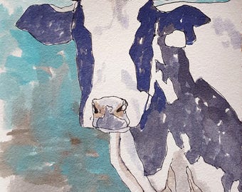 Cow print 11 x 14 of original watercolor painting cow painting cow print cow art cow decor holstein cow black and white cow farmstyle art